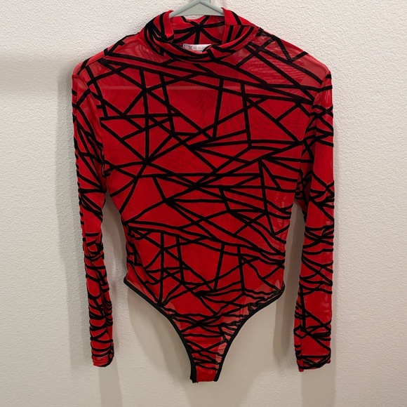 Red and Black Geometric Long Sleeve Bodysuit - Picture 1 of 6